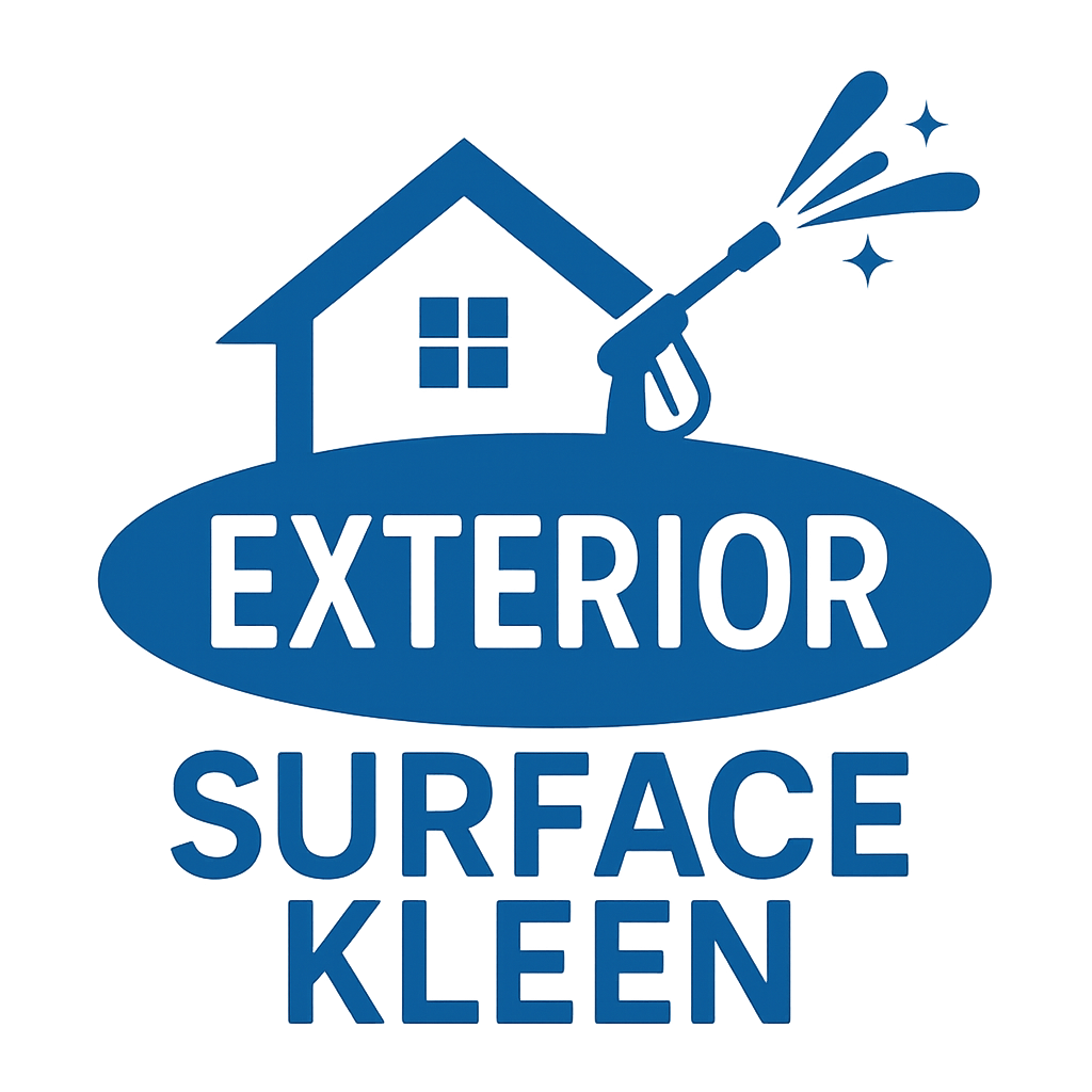 Logo for Exterior Surface Kleen, featuring a house outline with a power washer spraying water and sparkles, and bold text reading "Exterior Surface Kleen